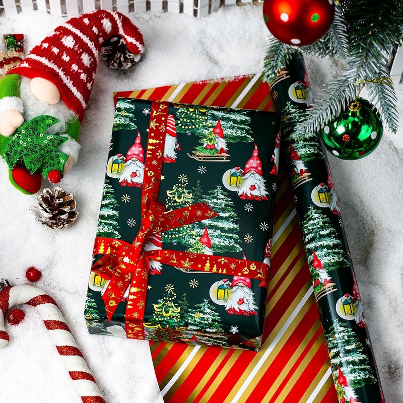 Yarcony Green Christmas Wrapping Paper Roll, Gnome Wrapping Paper, Cute Woodland Gnome, Christmas Tree Snowflake Gift Wrap for Presents Decoration,Seasonal Packaging Supplies (17 Inch X 33 Feet) - Image 2